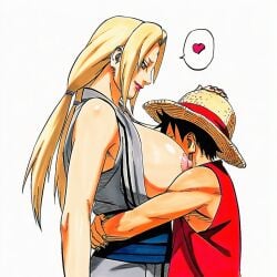 1:1 1boy 1girls accurate_art_style accurate_body_type age_difference ai_generated areolae bare_arms bare_breasts bare_shoulders between_breasts black_hair blonde_female blonde_hair breast_focus breast_press breast_smother breasts breasts_bigger_than_head breasts_out breasts_out_of_clothes brown_eyes busty busty_female cel_shading clothed clothing couple crossover duo duo_focus embrace erect_nipples exposed_breasts face_between_breasts face_to_breasts female forehead_jewel forehead_mark grabbing grey_kimono hair_tie hand_on_another's_head hand_on_head hat head_between_breasts headwear heart heart_symbol height_difference hetero highres hokage hug huge_breasts kimono light-skinned_female light_skin line_art lips lipstick long_hair looking_at_another looking_down looking_down_at_partner low_twintails makeup male manga_style masashi_kishimoto_style mature_female monkey_d_luffy naruto naruto_(series) naruto_shippuden ninja nipples no_bra official_style older_female_and_younger_male one_piece open_clothes open_clothing open_kimono open_robe open_shirt orange_eyes parted_lips pirate red_lipstick red_shirt red_vest sash shiny_skin shirt short_hair side_view sideboob simple_background sleeveless sleeveless_kimono sleeveless_shirt smile speech_bubble spoken_heart straight straw_hat tan_body tan_skin tan_skinned_male tied_hair traditional_clothes tsunade twintails upper_body viewed_from_side wafuku white_background younger_male