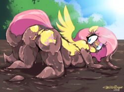 2016 all_fours anthro anthrofied ass ass_up blue_eyes breast_squish breasts cutie_mark equine feathered_wings feathers female fluttershy_(mlp) friendship_is_magic hair looking_back mammal mud my_little_pony outside pegasus pink_hair pussy solo straight_hair willisrisque wings