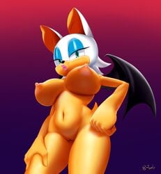 anthro areola bat big_breasts breasts clitoral_hood clitoris erect_nipples eyeshadow female furry green_eyes hand_on_hip hand_on_thigh highres lips low-angle_view ltomb makeup mammal membranous_wings navel nipples nude puckered_lips pussy rouge_the_bat solo sonic_(series) standing thick_thighs voluptuous white_hair wide_hips wings