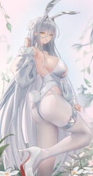 1girl 1girls absurd_res alternate_costume animal_ear_hairband animal_ears armpit_crease artist_request ass azur_lane breasts cleavage detached_sleeves fake_animal_ears hair_intakes hairband hakuhou_(azur_lane) high_heels highres large_breasts long_hair looking_at_viewer pantyhose playboy_bunny rabbit_ears rabbit_tail solo strapless strapless_leotard tail tongue tongue_out white_hair white_leotard white_pantyhose yellow_eyes