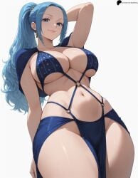 1girl 1girls ai_generated arm_behind_head armpit_crease bikini blue_bikini blue_eyes blue_hair breasts closed_mouth collarbone earrings hi_res high_ponytail high_quality high_resolution highres large_breasts light light_smile lips long_hair looking_at_viewer navel nefertari_vivi nose one_piece opal_nemy patreon_logo patreon_url patreon_username pelvic_curtain plain_background ponytail self_upload shadow shiny shiny_clothes shiny_hair shiny_skin simple_background solo swimsuit thick_thighs thighs watermark white_background