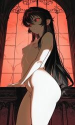 big_ass big_butt black_hair black_sclera castle femboy goth goth_boy gothic ia_generated iablue naked nude oc red_eyes small_breasts small_penis solo solo_focus vampire