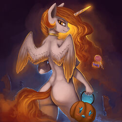 2015 alicorn animal_genitalia animal_penis anthro anthrofied ass breasts candy disembodied_penis equine equine_penis feathered_wings feathers female food friendship_is_magic fruit glowing hair halloween hi_res holidays horn horsecock jack_o'_lantern levitation long_hair looking_at_viewer magic male mammal my_little_pony nude penis princess_celestia_(mlp) pumpkin rain-gear rear_view solo white_feathers wings