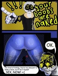1boy 1girls ass ass_focus butt butt_focus glitch_productions kama1678 male/female meme_reference murder_drones n_(murder_drones) naked_female pussy pussy_juice speech_bubble straight uzi_(murder_drones) yellow_eyes