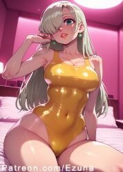 ai_generated big_ass big_breasts big_butt big_thighs blue_eyes blush elizabeth_liones ezuna hair_over_one_eye huge_ass huge_breasts huge_butt huge_thighs jewelry leotard nanatsu_no_taizai silver_hair swimsuit the_seven_deadly_sins wanuze wide_hips yellow_leotard