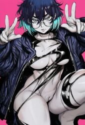 1girl 2026 2d absurd_res absurd_resolution absurdres ai_generated black_hair blue_hair breasts brutus_(artist) closed_mouth double_v glasses gradient_hair grey_eyes hair_between_eyes hi_res high_quality high_resolution highres image jacket large_breasts looking_at_viewer mole multicolored_hair navel noella oc open_clothes open_jacket original original_character pale_skin pink_background pussy round_eyewear shiny_skin short_hair simple_background solo thigh_strap torn_clothes two-tone_hair uncensured v