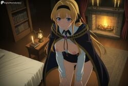1girl ai_generated bed blonde_hair blue_eyes blush book bookshelf breasts breasts_out candle candlelight candlestand cape digitalwaifugallery female female_only hairband hi_res high_quality high_resolution indoors large_breasts lihanna_owenzaus long_hair looking_at_viewer nipples open_clothes patreon pussy seductive sexy shirt skirt solo uncensored watermark
