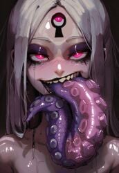 1girl 2026 2d abigail_williams_(fate) abigail_williams_(third_ascension)_(fate) absurd_res absurd_resolution absurdres ai_generated black_background blush colored_tongue fate/grand_order fate_(series) grey_hair hi_res high_quality high_resolution highres image keyhole long_hair long_tongue looking_at_viewer maddogai parted_bangs pink_eyes red_eyes saliva sharp_teeth shiny_skin smile solo sweat sweatdrop sweating sweaty sweaty_body teeth tentacles third_eye tongue tongue_out uncensured wet wet_body white_hair