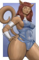 anthro anthropomorphic cat_ears cat_girl cat_tail catgirl claws clothed clothed_female he-man he_man kittrina looking_down pussy skin_tight skintight thick_thighs