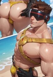 abs ai_generated beach big_ass brown_hair cyclops_(marvel_rivals) cyclops_(x-men) grabbing_own_ass hands_on_hips looking_at_viewer male male_only marvel marvel_rivals posing scott_summers solo_male summer sweat thong visor_(eyewear)