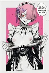 1girl 2026 2d absurd_res absurd_resolution absurdres ai_generated border breasts breasts_out brutus_(artist) detached_sleeves english_text hair_ornament hair_over_one_eye hair_ribbon hi_res high_quality high_resolution highres holding image looking_at_viewer maid maid_headdress nipples open_mouth pink_background pink_hair ram_(re:zero) re:zero re:zero_kara_hajimeru_isekai_seikatsu red_eyes ribbon roswaal_mansion_maid_uniform shiny_skin short_hair small_breasts smile solo speech_bubble uncensured white_border x_hair_ornament
