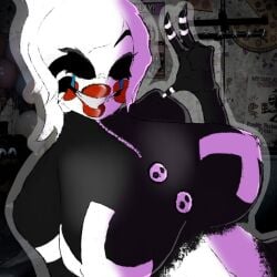1girls 2d_(artwork) big_breasts black_eyes blush breasts buttons clothed fap_nights_at_frenni's fazclaire's fazclaire's_nightclub five_nights_at_freddy's five_nights_at_freddy's_2 fnia funkymery huge_breasts in-game_background lipstick marie_(cally3d) marie_(cryptia) navel peace_sign smile smiling_at_viewer solo solo_female solo_focus striped_clothing white_hair x_marking x_on_nipple zipper