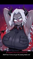 1female 1girls 3:4 ai ai-created ai_art ai_assisted ai_female ai_generated artist_logo artist_name artist_request artist_signature artist_upload artist_website black_shirt blush blush_lines blushing blushing_at_viewer blushing_female contrapposto dark_skin demon_tail digital_art digital_drawing digital_drawing_(artwork) digital_media digital_media_(artwork) digital_painting digital_painting_(artwork) entrophex123 female_focus floating_hair focus focus_on_female focus_on_human grey_skin helltaker high_heels high_quality high_resolution highres horns judgement_(helltaker) muscular_female patreon patreon_artist patreon_link patreon_logo patreon_reward patreon_url patreon_username silver_eyebrows silver_eyes silver_hair solo solo_female solo_focus solo_in_panel spiked_horns watermark