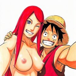 1:1 1boy 1girls accurate_art_style accurate_body_type age_difference ai_generated areolae arm_around_shoulders armpits bare_arms bare_breasts bare_shoulders black_hair breast_focus breasts cel_shading clavicle clothed clothed_male_nude_female clothing collarbone completely_nude completely_nude_female couple crossover duo duo_focus facing_viewer female foreshortening front_view grey_eyes hand_on_another's_shoulder hand_on_shoulder hat headwear highres kushina_uzumaki light-skinned_female light_skin line_art long_hair looking_at_viewer looking_up looking_up_at_viewer male manga_style masashi_kishimoto_style mature_female medium_breasts milf monkey_d_luffy naruto naruto_(series) naruto_shippuden ninja nude nude_female official_style older_female_and_younger_male one_eye_closed one_piece outstretched_arm outstretched_arms parted_lips perky_breasts pirate pose reaching_towards_viewer red_hair red_shirt red_vest scar scar_on_cheek scar_on_face selfie selfie_pose shirt side-by-side side_by_side simple_background sleeveless sleeveless_shirt straw_hat tan_body tan_skin tan_skinned_male teeth teeth_clenched teeth_showing upper_body uzumaki_kushina white_background younger_male