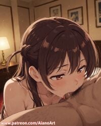 1boy 1girl ai_generated aianoart bangs blush brown_eyes brown_hair chizuru_mizuhara collarbone fellatio half_updo hetero indoors kanojo_okarishimasu lamp long_hair male_pubic_hair mizuhara_chizuru nude oral penis pubic_hair solo_focus
