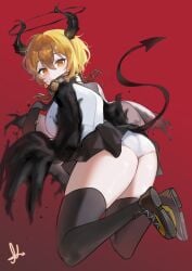 1girl absurdres black_gloves black_necktie black_skirt black_thighhighs blonde_hair breasts commentary_request don_quixote_(limbus_company) e.g.o_(project_moon) gloves highres index_(identity)_(project_moon) index_don_quixote korean_commentary large_breasts limbus_company medium_hair necktie panties procuration_(e.g.o) project_moon red_background shirt skirt solo thighhighs thighs underwear white_panties white_shirt yellow_eyes