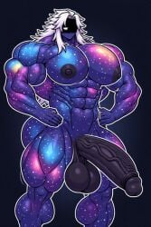 ai_generated bara galaxy galaxy_skin huge_cock huge_pecs huge_pectorals hyper hyper_muscular long_hair male male_boobs male_only moobs mouthless mouthless_male muscular muscular_male oc original original_character solo solo_focus solo_male thick_ass thick_legs thick_thighs white_hair