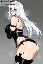 1girl a2_(nier:automata) ai_generated android armlet arms_under_breasts artist_name ass back bare_shoulders black_gloves black_panties black_thighhighs blue_eyes blush breasts clothing corset crossed_arms elbow_gloves female from_side gloves grey_background grey_eyes hair_between_eyes huge_ass jennieart02 joints large_breasts legwear long_hair looking_at_viewer looking_back looking_to_the_side mole mole_under_mouth nier:_automata nier_(series) panties parted_lips patreon patreon_logo patreon_username robot_joints shiny_skin simple_background skindentation solo steaming_body sweat thick_thighs thighhighs thighs torn_clothes twitter twitter_username underwear watermark web_address white_hair