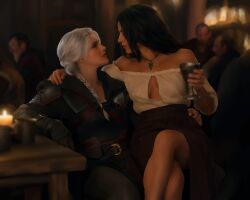 2girls artist_self-insert cd_projekt_red ciri cleavage female female_only imminent_sex original_character self_insert sitting_on_lap tavern tavern_wench the_witcher_(series) the_witcher_4 yuri