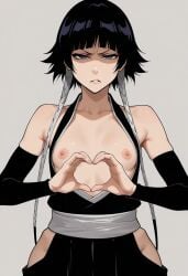 1girls ai_generated annoyed annoyed_expression areolae black_hair bleach breasts exposed_breasts female female_only heart_hands heart_symbol nipples small_breasts soifon solo solo_female sui-feng tagme