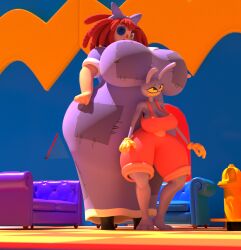 2girls 3d 3d_(artwork) blender huge_ass huge_breasts huge_butt irritated jax_(the_amazing_digital_circus) larger_female nervous ragatha_(the_amazing_digital_circus) the_amazing_digital_circus
