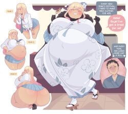 1boy 1girls ass_expansion belly_expansion big_ass big_belly big_breasts breast_expansion button_down_shirt button_gap dialogue expansion gojou_wakana gyaru kitagawa_marin my_dress_up_darling navel softservice tagme tanned tanned_skin thin_waist underskirt weight_gain wide_hips