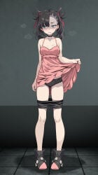 1girl 1girls bike_shorts black_bike_shorts black_hair black_panties black_shoes choker hair_ribbon marnie_(pokemon) panties petite petite_female pink_dress pokemon pokemon_sword_and_shield pokemon_swsh punk punk_girl punk_hair shorts small_breasts sweat sweaty thighs tsukishiro_saika underwear