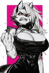 1girl 2026 2d absurd_res absurd_resolution absurdres ai_generated angry animal_ears breasts brutus_(artist) cleavage clenched_hand clenched_teeth collar dress furry furry_female helluva_boss hi_res high_quality high_resolution highres image large_breasts long_hair looking_at_viewer loona_(helluva_boss) monochrome muscular muscular_female red_eyes sharp_teeth shiny_skin snout solo spot_color tail teeth uncensured wolf_ears wolf_girl wolf_tail