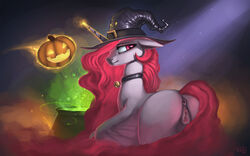 16:10 2015 alicorn alternate_color anus ass bell_collar cauldron collar equine feathered_wings feathers female feral food friendship_is_magic fruit glowing hair halloween hat holidays horn jack_o'_lantern levitation long_hair magic mammal my_little_pony princess_celestia_(mlp) pumpkin pussy pussy_juice rain-gear solo white_feathers wings wizard_hat