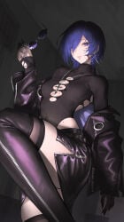 1girl 1girls absurd_res artist_request black_boots blood blood_on_face boots cross cross_necklace earrings female female_focus hair_over_one_eye highres holding jewelry knee_up looking_at_viewer mole mole_on_stomach necklace parted_lips promeia_(zenless_zone_zero) purple_eyes solo solo_female sunglasses thigh_boots zenless_zone_zero zipper