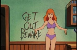1girls daphne_blake female female_only purple_bra purple_panties red_hair scooby-doo scooby-doo_on_zombie_island screenshot_edit solo underwear underwear_only