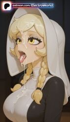 1girl 1girls 2026 ai_generated artist_name bangs blush boobs braid breasts bust chest cliffside cordie cum cum_in_mouth cum_on_body cum_on_breasts cum_on_clothes cum_on_hair cum_on_tongue electroworld facial hat hi_res high_quality high_resolution highres long_hair open_mouth patreon patreon_username stable_diffusion tits tongue tongue_out twin_braids watermark yellow_eyes