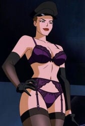 1girls bra dc_comics dcau female_only garter_belt gloves hat mercy_graves panties purple_bra purple_panties screenshot_edit solo underwear