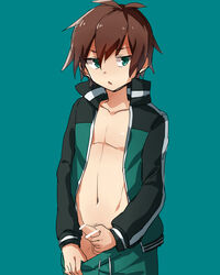 1boy adonis_belt antenna_hair blue_background brown_hair censored chestnut_mouth cowboy_shot flaccid foreskin funkunsan green_eyes highres jacket kono_subarashii_sekai_ni_shukufuku_wo! looking_at_viewer male male_only male_pubic_hair no_panties open_clothes open_jacket pants_pull penis pubic_hair satou_kazuma short_hair simple_background solo standing track_suit