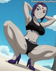 1girls ai_assisted ai_generated blacked blacked_clothing breasts cameltoe cleavage dc dreamplank edit female female_only forehead_jewel goth goth_girl grey_skin grok high_heel_boots high_heels jewel_on_forehead large_breasts looking_at_viewer navel pale_skin panties purple_hair rachel_roth raven_(dc) short_hair smile solo sports_bra spreading spreading_legs squatting teen_titans