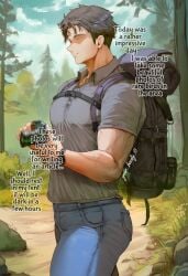 1boy 1boys ai_generated b34sty_0 backpack black_hair blue_jeans boy comic comic_page day doujin faceless faceless_character faceless_male forest grey_shirt grey_t-shirt holding_camera holding_object jeans man muscular muscular_male oc original_character original_characters outdoors patreon r18 shirt short_hair smile t-shirt title_page walk walking watermark