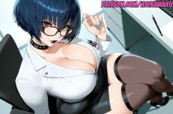 ai_generated astrawaifu big_breasts blue_hair breasts brown_eyes cleavage curvaceous_female curvaceous_figure curvy curvy_body curvy_female curvy_figure curvy_hips female female_only large_breasts looking_at_viewer office_clothing office_lady persona_5 tae_takemi thick_hips thick_thighs