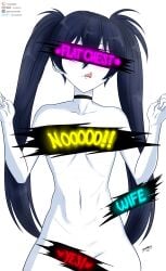 1girls arms_up belly belly_button belt black_hair black_rock_shooter black_rock_shooter_(character) blue_eyes breasts censored digital_media_(artwork) flat_chest flat_chested jhonnyrex long_hair naked naked_female pale-skinned_female pale_skin patreon patreon_username scar tongue_out twintails white_background