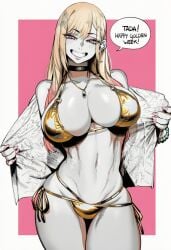 1girl 2026 2d absurd_res absurd_resolution absurdres ai_generated beads bikini black_choker blonde_hair bracelet breasts brutus_(artist) choker cleavage cowboy_shot ear_piercing earrings english_text floral_print gold_bikini gradient_hair grin hi_res high_quality high_resolution highres image jewelry kitagawa_marin large_breasts long_hair looking_at_viewer multicolored_hair my_dress_up_darling navel necklace open_clothes open_shirt piercing print_bikini red_eyes shiny_skin shirt side-tie_bikini_bottom smile solo sono_bisque_doll_wa_koi_wo_suru speech_bubble string_bikini swimsuit uncensured white_border