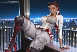 1girl ai_generated apex_legends boots breasts brown_hair building choker city gloves hi_res high_heel_boots high_heels high_quality high_resolution large_breasts loba_(apex_legends) looking_at_viewer night patreon seductive sexy solo spicytoonai uncensored watermark