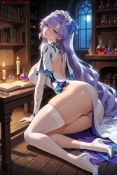 1girl ai_generated ass bangs belfast_(azur_lane) blue_eyes blush braid breasts cantarella_(wuthering_waves) chinese_clothes dress eyebrows_visible_through_hair hair_ornament hi_res high_heels high_quality high_resolution indoors jewelry kiraamane large_breasts long_hair looking_at_viewer looking_back maid_headdress panties patreon seductive sexy shiny shiny_skin smile solo thighhighs thighs uncensored underwear very_long_hair watermark white_legwear wuthering_waves