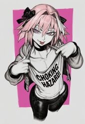 1boy 2026 2d absurd_res absurd_resolution absurdres ai_generated astolfo_(fate) black_bow black_choker bow brutus_(artist) choker clothes_writing collarbone cropped_legs fang fate/apocrypha fate/grand_order fate_(series) hair_between_eyes hair_bow hair_intakes hi_res high_quality high_resolution highres hood image jacket long_hair looking_at_viewer male_focus multicolored_hair otoko_no_ko pants pink_background pink_hair purple_eyes shiny_skin shirt smile solo streaked_hair tongue tongue_out uncensured white_hair