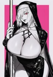 1girl 2026 2d absurd_res absurd_resolution absurdres ai_generated arknights breasts brutus_(artist) cleavage curvy dress fingernails gladiia_(arknights) greyscale_with_colored_background habit hair_over_one_eye hi_res high_quality high_resolution highres holding huge_breasts image looking_at_viewer monochrome nun parted_lips pink_background pink_eyes pole shiny_skin solo spot_color thick_thighs thighs uncensured