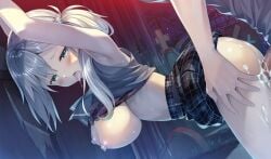 1boy 1girl against_wall armpits ass bent_over blush bra bra_lift breasts censored clothes_lift cum cum_in_pussy cum_on_ass cum_on_body doggystyle dutch_angle game_asset green_eyes grey_hair hetero kiba_satoshi large_breasts long_hair mishima_kirara mosaic_censoring nipples open_mouth outdoors penis plaid_clothes plaid_skirt purple_bra saliva sex sex_from_behind shirt_lift side_ponytail skirt skirt_lift solo_focus study_steady_2 sweat tombstone tongue tongue_out underwear vaginal white_hair