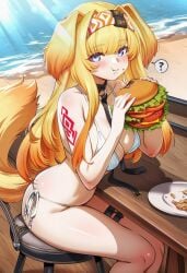 1girls ? ai_generated arknights ass beach blonde_hair blue_eyes blush brigid_(arknights) dog_ears dog_girl dog_tail eating_food large_breasts looking_at_viewer sitting solo thighs white_bikini wide_hips