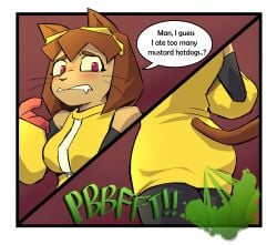 anthro blush brown_hair cat digital_drawing_(artwork) digital_media_(artwork) embarrassed english_text fang fart fart_cloud fart_fetish farting feline flatulance furry gas gauntlets goggles goggles_on_head green_fart kit_(gameoverse) kit_bodega red_eyes tail whiskers
