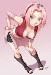 1girls ai_generated cleavage female female_only green_eyes naruto_(series) pink_hair sakura_haruno short_hair solo solo_female tagme