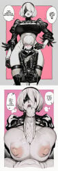 1boy 1girl 2026 2b_(nier:automata) 2d absurd_res absurd_resolution absurdres age_difference ai_generated alternate_breast_size black_blindfold blindfold blush boots breasts breasts_out breasts_squeezed_together brutus_(artist) bulge choker cleavage cleavage_cutout clothing_cutout covered_eyes cum cum_on_body cum_on_breasts embarrassed english_text erection erection_under_clothes feather-trimmed_sleeves femdom gloves greyscale_with_colored_background hairband heart hetero high_quality high_resolution highleg highleg_leotard highres huge_breasts huge_penis image inverted_nipples large_areolae large_breasts large_penis leotard lips long_sleeves mole mole_under_mouth monochrome nier nier:_automata nier_(series) nipples open_mouth paizuri penis pink_background pov puffy_sleeves shiny_skin short_hair shorts solo_focus speech_bubble spot_color sweat thick_thighs thigh_boots thighhighs tongue uncensored veins veiny_breasts veiny_penis wide_hips yorha_2b yorha_9s