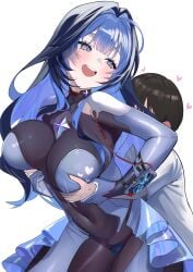 1boy 1girl arms_up black_bodysuit black_hair blue_bodysuit blue_eyes blue_hair bodysuit breasts covered_navel goddess_of_victory:_nikke grabbing_another's_breast groping hair_intakes large_breasts long_hair looking_back multicolored_bodysuit multicolored_hair p_answer short_hair skin_tight two-tone_bodysuit two-tone_hair white_background