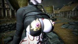 3d big_breasts black_hair curvy dark_elf darkina_(skibidoa) female light_skin shirt_lift skyrim solo voluptuous